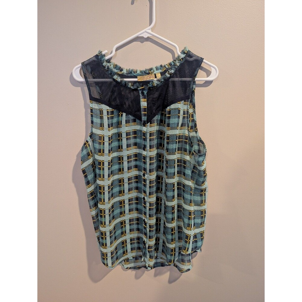 Princess Vera Wang XL Women Plaid Button Up Top Tank Crochet Fish Net Green Blue